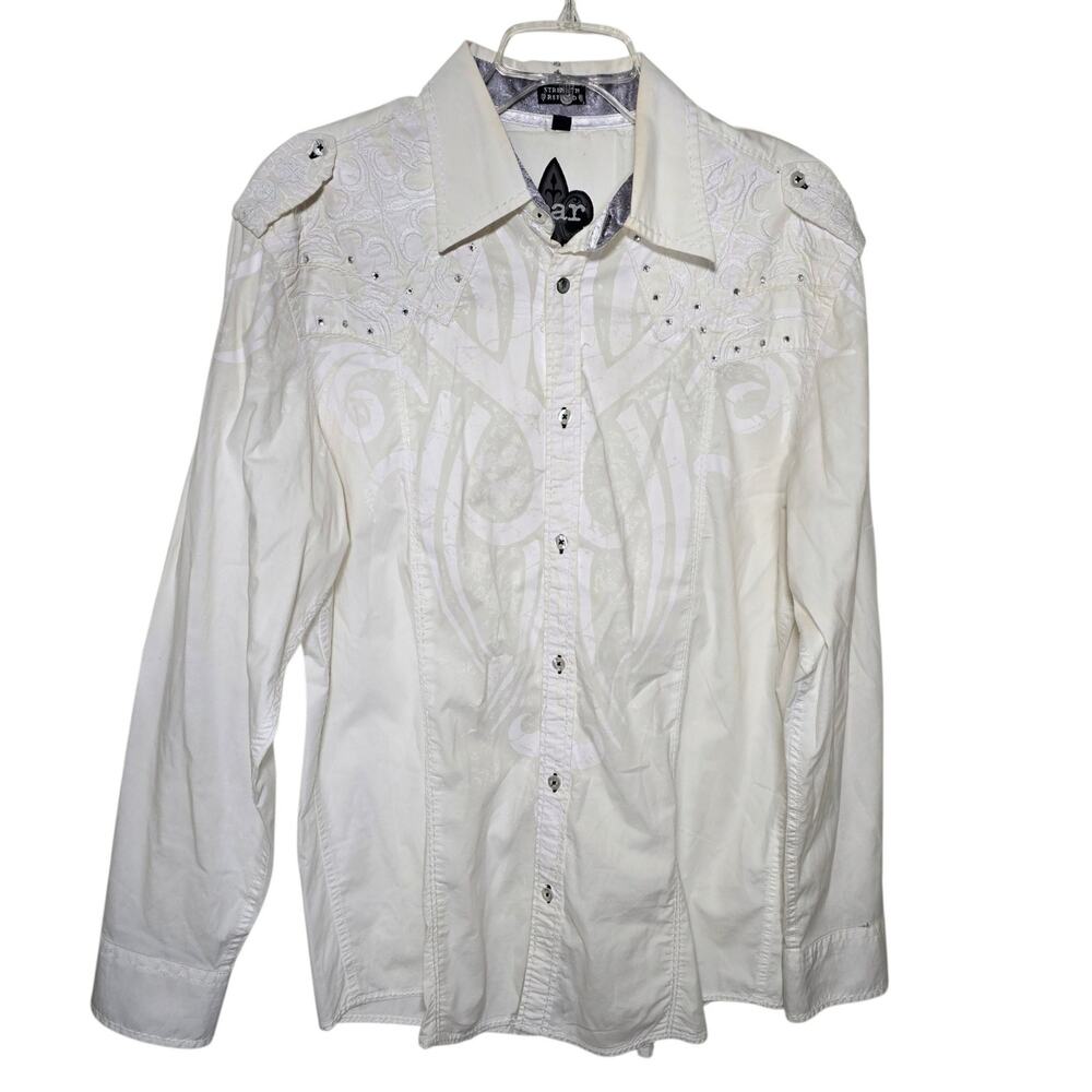 Roar Mens Shirt White on White Heavy Embroidery Rhinestones Shotgun Cuffs XL